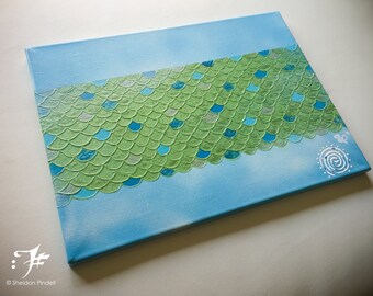 Mermaid Scales Acrylic Painting: Green Glitter Aquatic Art (12x16)
