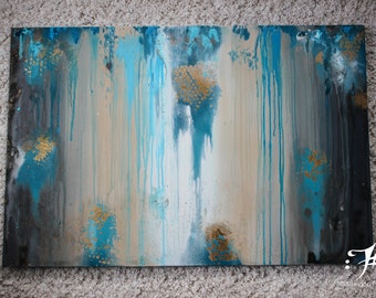 Teal Blue Gold Leaf Abstract Painting: Modern Drip Art (24x36)