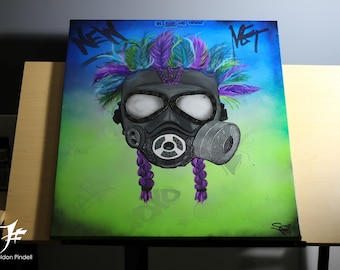 Pintura acrílica de máscara de gas - Arte callejero de máscara de gas, arte de plumas coloridas, colección ArtGang, pintura de graffiti sobre lienzo