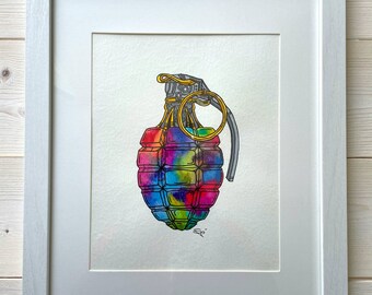 Rainbow Grenade Watercolor Painting: Framed Street Art (14.5x11.5)