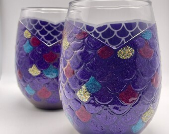 Hand Painted Mermaid Wine Glasses: Purple, Blue, and Gold Scales (Set of 2)