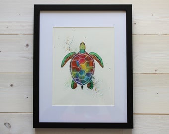 Watercolor Rainbow Turtle (PROOF), Multicolored Sea Turtle, Sea Turtle Watercolor, Watercolor on Paper, Hand painted wall art, 1 of 1