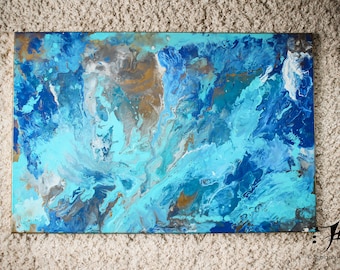Blue and Gold Abstract Acrylic Painting - Fluid Pour Painting, Elegant Home Decor, Fine Gallery Artwork, Modern abstract painting
