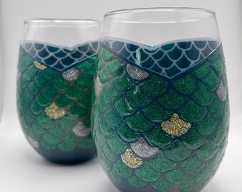 Hand Painted Mermaid Scale Stemless Wine Glasses: Green and Gold, Set of 2