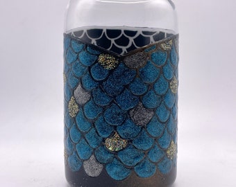 Hand Painted Mermaid Scales Glass Cup: Navy Dreams Home Decor