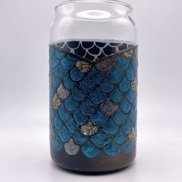 Navy Blue, Silver, and Gold Glass Mermaid Sippy Cup - Acrylic Hand Painted Glass, Mermaid Scales, House Warming Gift, Elegant Home Decor