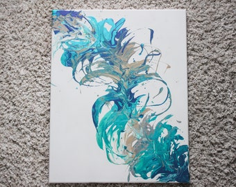 Blue and Green Abstract Acrylic Painting: Fluid Art, 28x22 Canvas