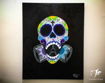 Day of the Dead Acrylic Painting, Colorful Gas Mask, Skull Gas Mask Painting, Mexican Holiday, Graffiti on Canvas, ArtGang Collection