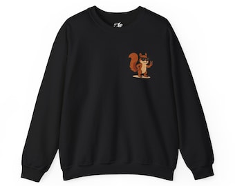 Sqrly-Squirrelオリジナル｜クールなサングラスをかけたリスのスウェットシャツ｜背面にF-Sharp Studioのロゴ入り