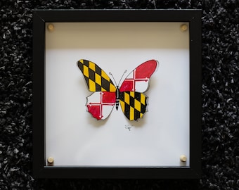Maryland Watercolor Butterfly - Maryland flag Butterfly Shadowbox, 3D Maryland Flag Pop Up Art, Hand Painted Wall Art, Housewarming Gift