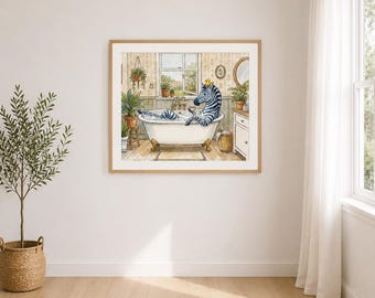 シマウマ柄のバスタブプリント、水彩画風サファリバスルームアート（16x20インチ デジタルダウンロード）