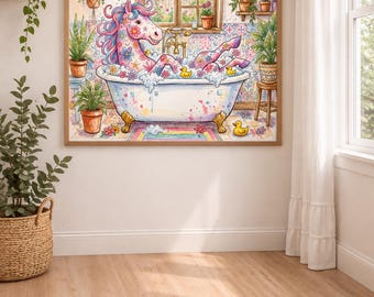 風変わりな水彩画風の馬のバスルームアート、カラフルな子供部屋の装飾（デジタルダウンロード）