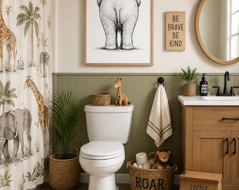 Elefant Hintern Wand Kunst | Safari Kinderzimmer, Kinder Badezimmer Dekor (Schwarz-Weiß-Skizze)