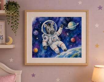 Zebra Astronaut Wand Kunst zum Ausdrucken | Space Nursery Decor | Kosmische Tiere Digitaler Download