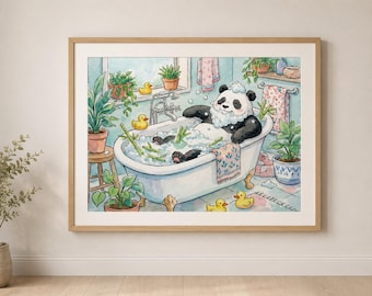 水彩画風パンダのバスアート、子供用バスルームの楽しい装飾（デジタルダウンロード）