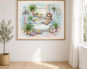 水彩画風ナマケモノのバスルームアート、風変わりな子供向けインテリア（16x20インチのデジタルダウンロード）