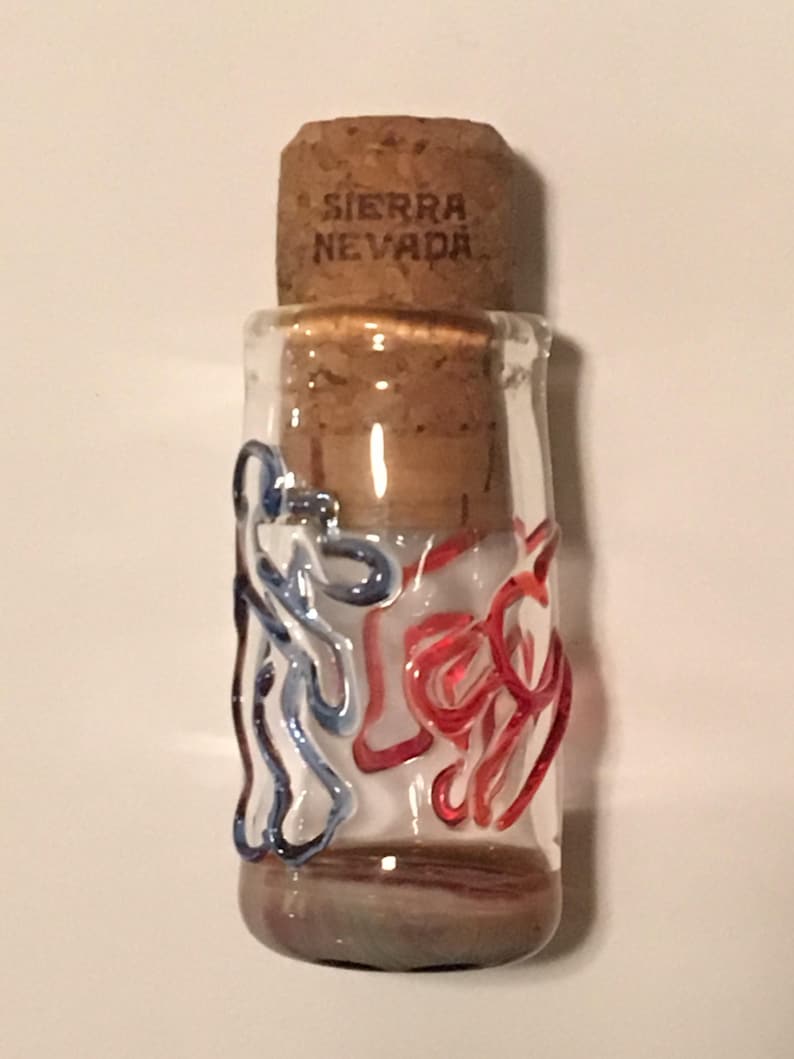 Peut inclure: Petite bouteille en verre transparent avec un bouchon en li&egrave;ge. La bouteille est orn&eacute;e de volutes rouges et bleues. Le bouchon porte l'inscription "SIERRA NEVADA". Il s'agit probablement d'un objet d&eacute;coratif ou d'un petit r&eacute;cipient.
