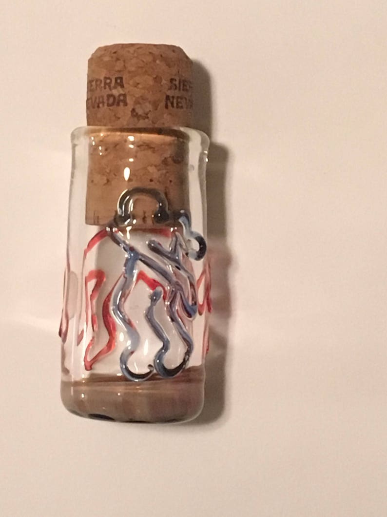 Peut inclure: Petite bouteille en verre avec bouchon en li&egrave;ge. D&eacute;cor&eacute;e de volutes rouges et bleues. Le bouchon porte l'inscription "Sierra Nevada". La bouteille contient un liquide brun.