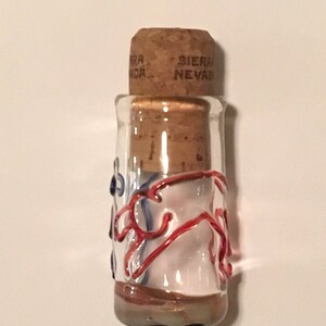 Peut inclure: Petite bouteille en verre transparent avec bouchon en li&egrave;ge. La bouteille est orn&eacute;e de volutes rouges et bleues et porte l'inscription "Sierra Nevada" sur le bouchon. La bouteille est remplie d'une substance blanche.
