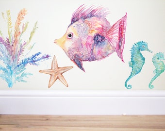 Poisson arc-en-ciel, sticker mural poisson, sous la mer, pépinière de mer, décor océanique, chambre d'enfant, autocollant de poisson, décor nautique, pépinière nautique, décalque de mer, poisson