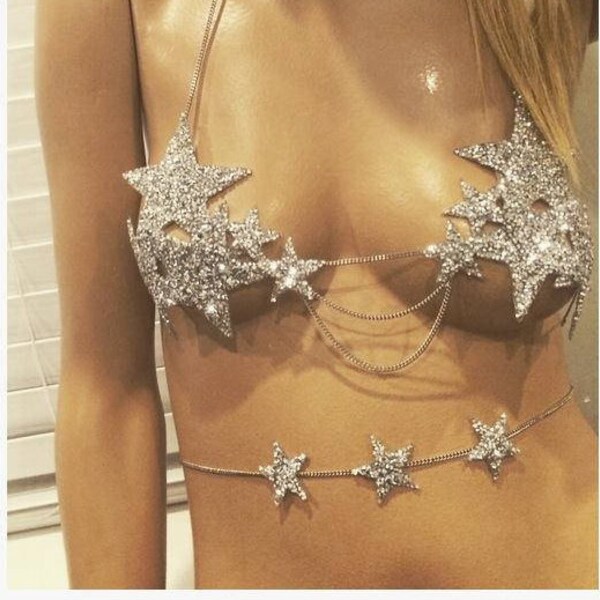 Star Bra and belt or choker set (You choose)  / Rhinestone Bra / Crystal star Bra/ Edm Bra