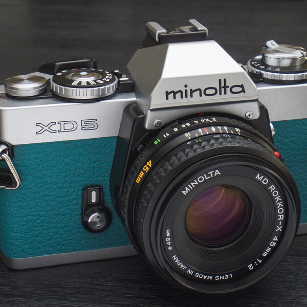 Minolta XD5 Aqua Blue + 45mm f/2 Rokkor-X Lens - Vintage Film Camera Kit - Serviced, Near Mint Condition