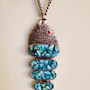 Vintage Turquoise Stone Red Eye Fish Large Pendant Necklace, Large Fish Necklace, Fish Necklace, Fish Jewelry, Evil Eye Necklace, Turquoise