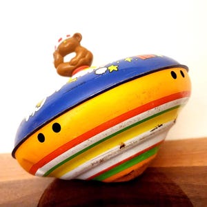 1970s Ohio Art Spinning Top Tin/Metal Toy with Teddy Bear Stopper in Working Condition, Sleepy Teddy Spinning Top, Vintage Spinning Top Toys