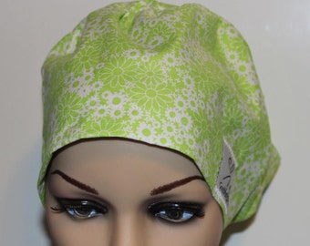 Women Surgical Cap, Chemo Cap, Scrub Hat,- Tiny white flowers on green