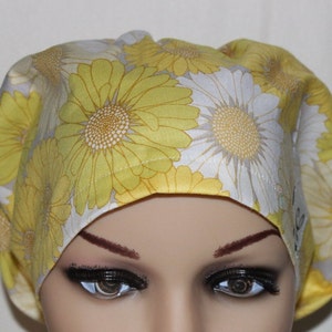 Medical Surgical Scrub Hat, EURO, Women Surgical Cap, Chemo Cap, Women&#39;s Scrub Hat, Yellow and White Flowers #123
