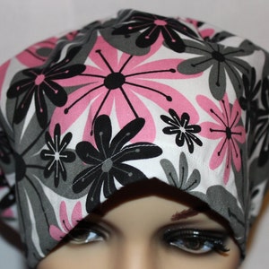 Women Surgical Cap, Chemo Cap, Scrub Hat, Pink, Gray and Black Flowers
