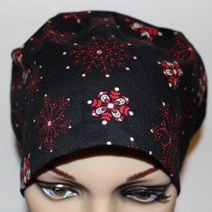 Women Surgical Cap, Chemo Cap, Scrub Hat, Snowflakes on Black