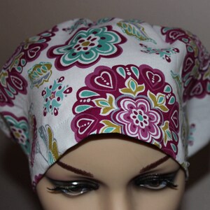 Women Surgical Cap, Chemo Cap, Scrub Hat, White Background with Purple Medallions