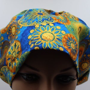 Medical Surgical Scrub Hat, EURO, Women Surgical Cap, Chemo Cap, Women&#39;s Scrub Hat, Blue and Gold Circles
