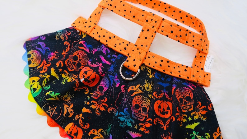 Pode incluir: Um arn&ecirc;s preto para c&atilde;es com uma borda festonada arco-&iacute;ris e uma estampa tem&aacute;tica de Halloween com caveiras, ab&oacute;boras, morcegos e aranhas. O arn&ecirc;s tem uma al&ccedil;a laranja ajust&aacute;vel com bolinhas pretas.
