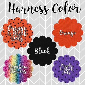 Pode incluir: Cinco op&ccedil;&otilde;es de cores diferentes para um arn&ecirc;s de c&atilde;o. As op&ccedil;&otilde;es s&atilde;o: laranja com pontos pretos, laranja, preto, flores arco-&iacute;ris e roxo com pontos pretos.