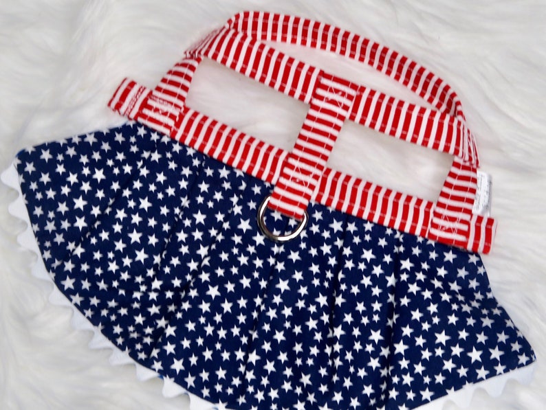 The Alexandria // July 4th Harness Dress, Dog harness, Dog Dres, summer dog dress, red white and blue, american flag dog collar 