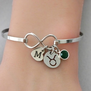 Taurus Bracelet, Taurus Gifts for Women, Taurus Infinity Bangle, Zodiac Gifts, Taurus Jewelry, Taurus Bracelet with Initial Heart, Custom