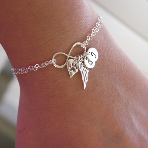 Pet Loss Gifts, Sterling Silver Infinity Bracelet, Paw Print Bracelet, Initial Bracelet, Personalized, Angel Wing, Pet Memorial, Minimalist