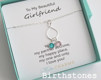 Gift for Girlfriend, Girlfriend Gifts, Infinity Necklace, Two Birthstones Necklace, Sterling Silver, Dainty, Valentine's Day Gift, Custom