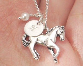 Horse Necklace, Personalized Horse Jewelry, Personalized Horse Necklace, Horse Gifts, Little Girl, Initial Birthstone, Letter Pearl