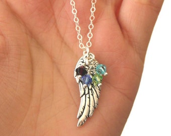 Personalized Angel Wing Necklace, Angel Wing Necklace With Birthstones, Miscarriage Necklace, Remembrance Necklace, Family Birthstones, Wing