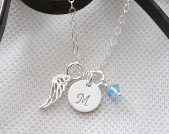 Sterling Silver Angel Wing Necklace, Initial Birthstone Angel Wing Necklace, Remembrance Gifts, Memorial Gifts, Personalized Angel Wing