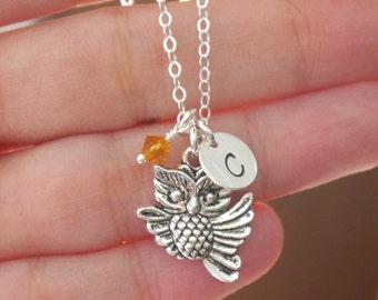 Owl Necklace, Owl Jewelry, Personalized Owl Necklace, Owl Always Love You, Own Initial Necklace, Initial Birthstone, Custom, Owl Jewelry