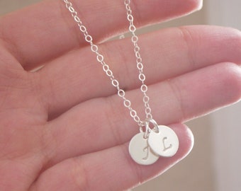 Sterling Silver Initial Necklace, Tiny Initial Disc Necklace, Two Initials Necklace, Three Initials, Simple Dainty, Minimalist, Personalized