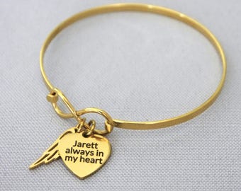 Gold Remembrance Bracelet, Memorial Gift, Personalized, Angel Wing Bracelet, Engraved Heart, Infinity, Forever in my Heart, Custom, Unique