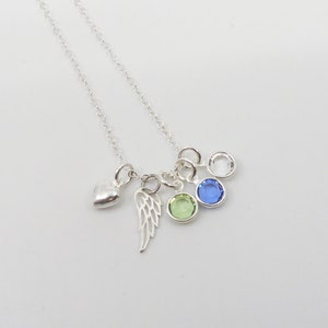 Angel Wing Necklace, 1 2 3 4 Birthstones, Wing Heart Necklace, Miscarriage Necklace, Multiple Miscarriages Gift, Loved Ones Loss Gift, Tiny