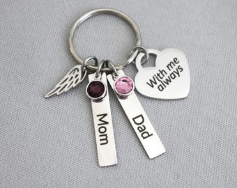 Memorial Keychain, Personalized, Two Engraved Names, Birthstones, Wing, Sympathy Bereavement Funeral Gifts, Mom Dad, With me always, Custom