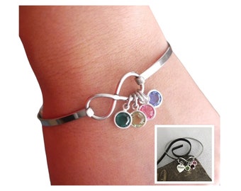 Infinity Bangle, Personalized, With Engraved Heart, Birthstone Bracelet, 2 3 4 5 6 7 Birthstone Bracelet, Mother Gift, Grandma Gifts, Custom