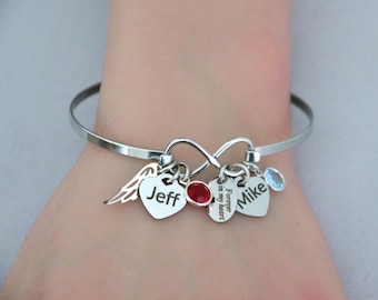 Personalized Memorial Bangle with Two Names, Two Birthstones, Angel Wing, Forever in my heart, Loss of Two Loved Ones Gift, Sympathy, Custom
